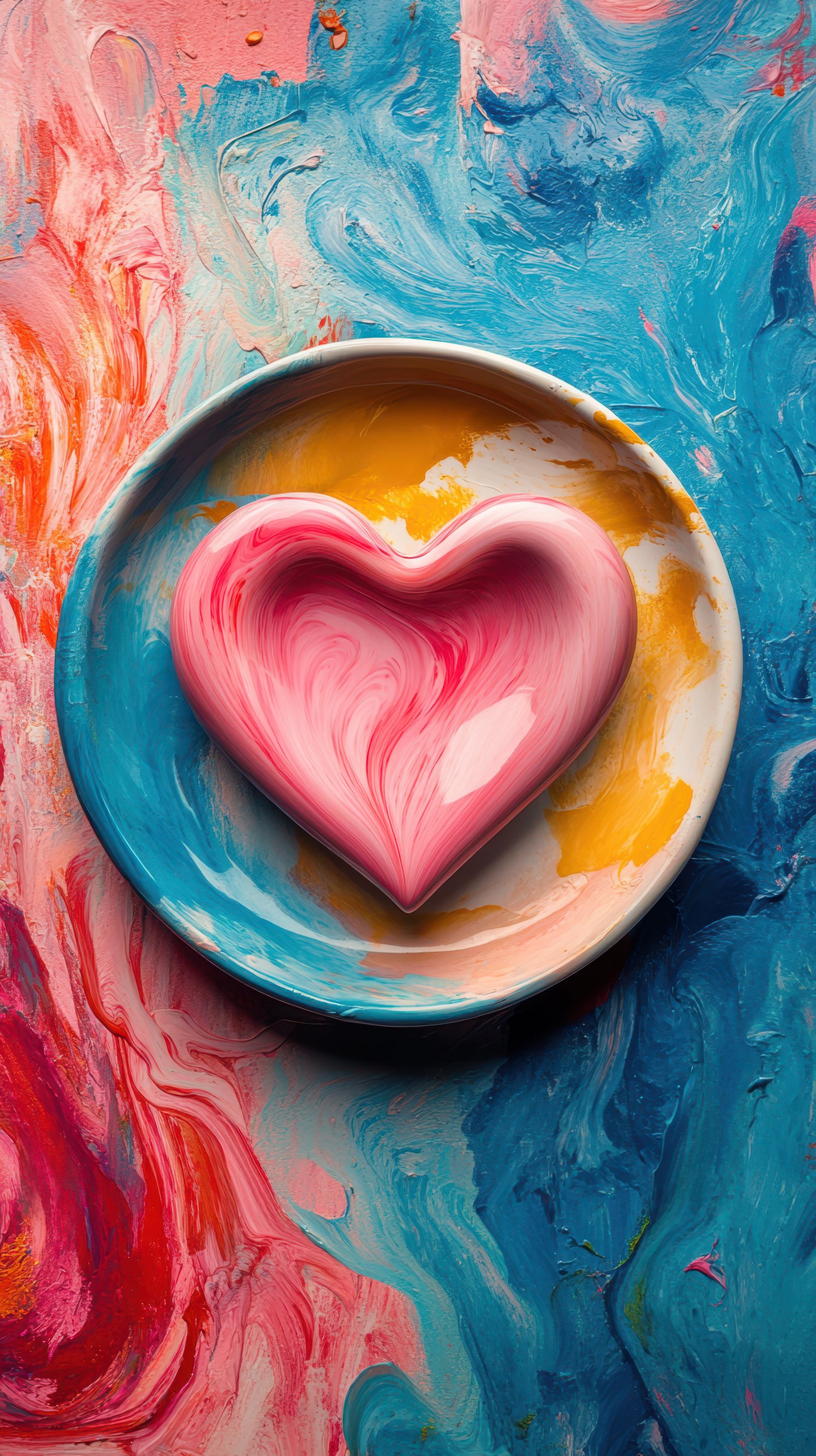 Colorful heart design on a vibrant plate showcasing swirling patterns in blue, pink, and yellow hues